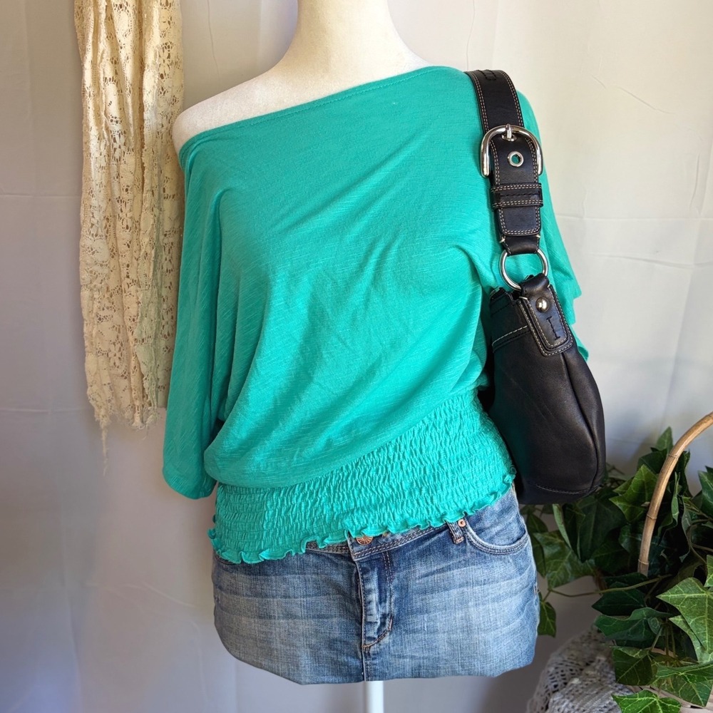Y2K Slouchy Teal Slub Knit Smocked Waist Boat Neck Dolman Blouse S